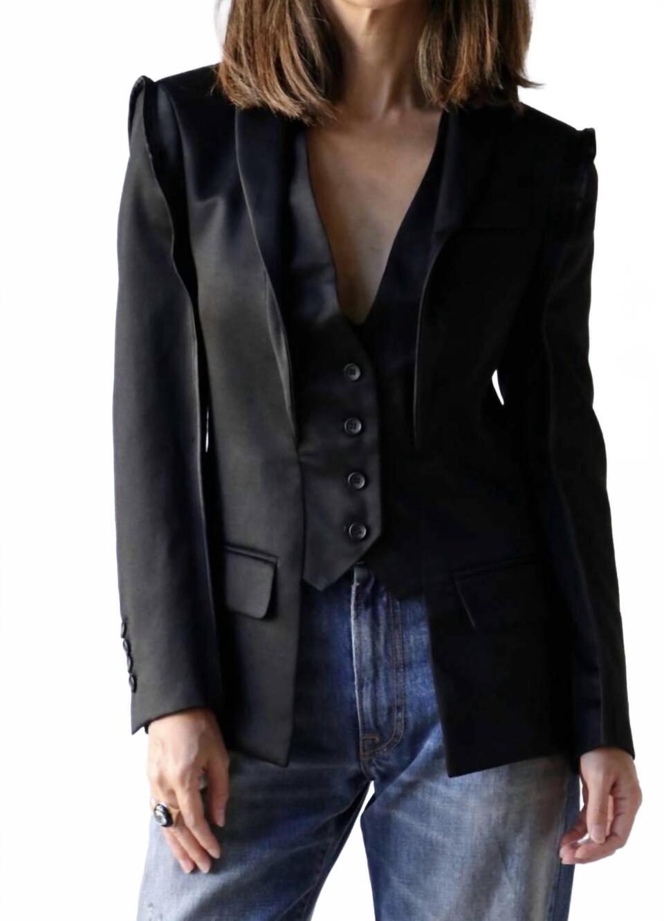 NEW R13 linen flat sleeve tuxedo blazer in black